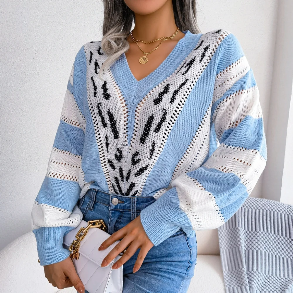 Striped Leopard Print V-Neck Balloon Sleeve Sweater - Picture 5 of 12